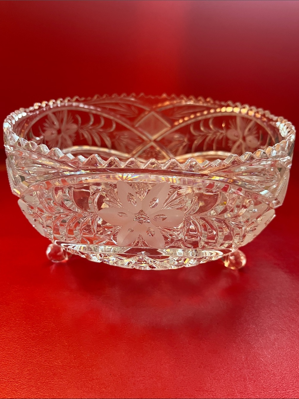 Antique American Brilliant Cut Glass Tri-Footed Bowl Vintage Centerpiece